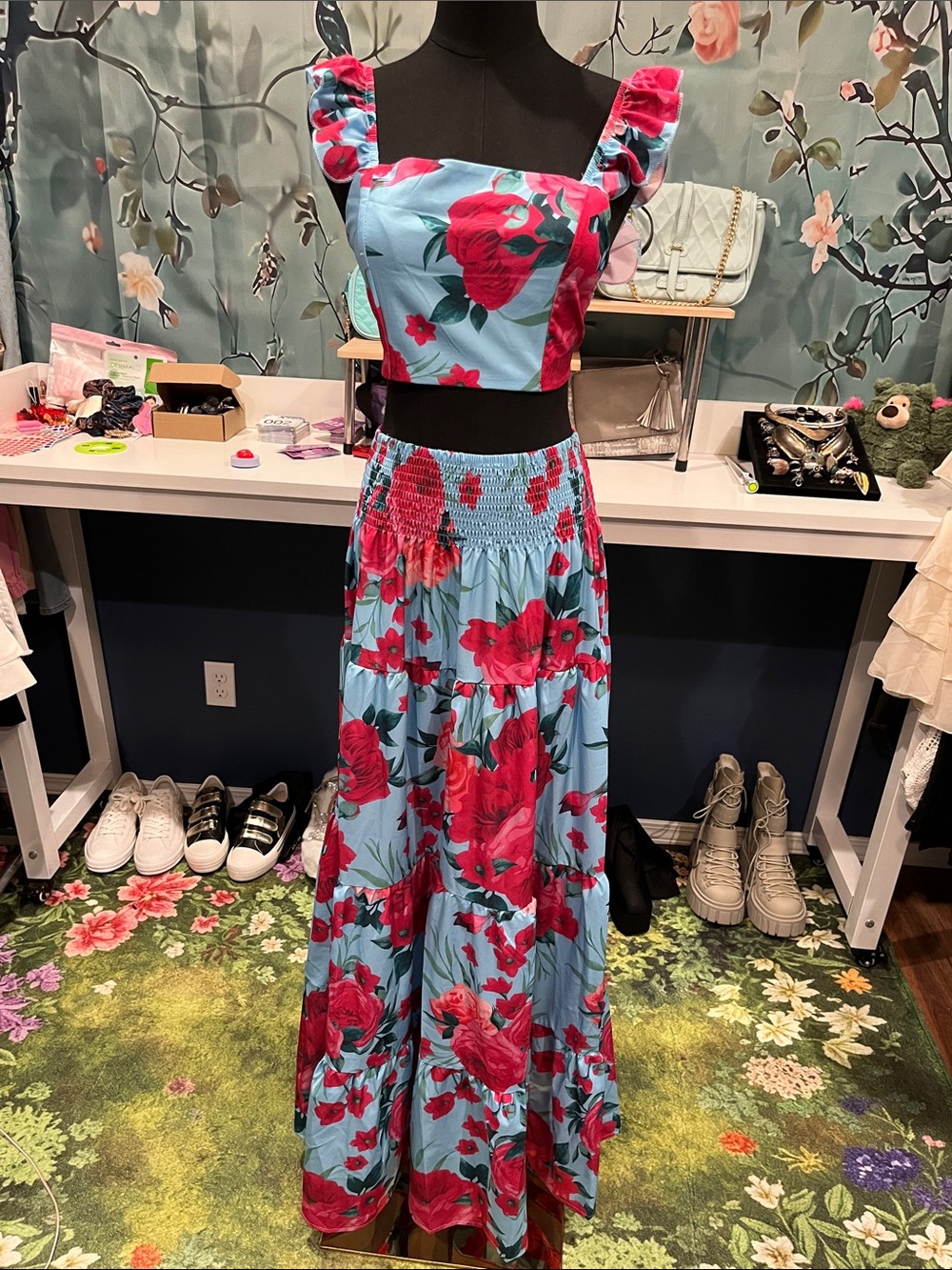 Floral Ruffle Crop Top & Maxi Skirt Set - Blue with Pink Roses